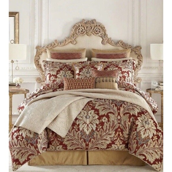 Croscill Arden Burgundy Gold Blue Floral Jacquard Comforter Queen Elegant Trim - Picture 9 of 11